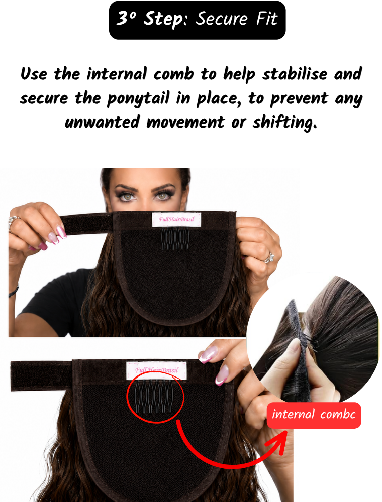 Human Hair Ponytail – Wrap-Around Method, Inner Comb and Velcro Finish Strap.