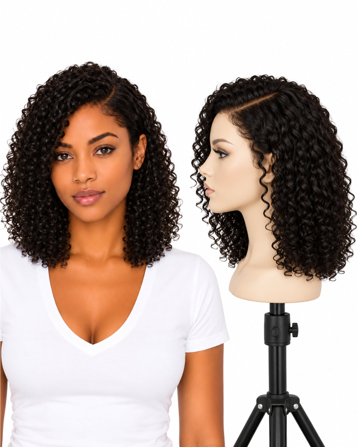 Black curly transparent lace front human hair wig, 30 cm