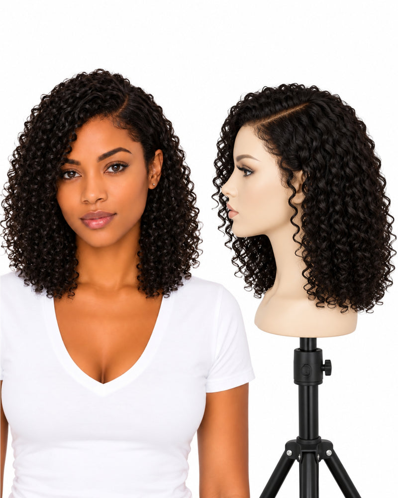 Black Curly Transparent Lace Front Human Hair Wig — 30 cm
