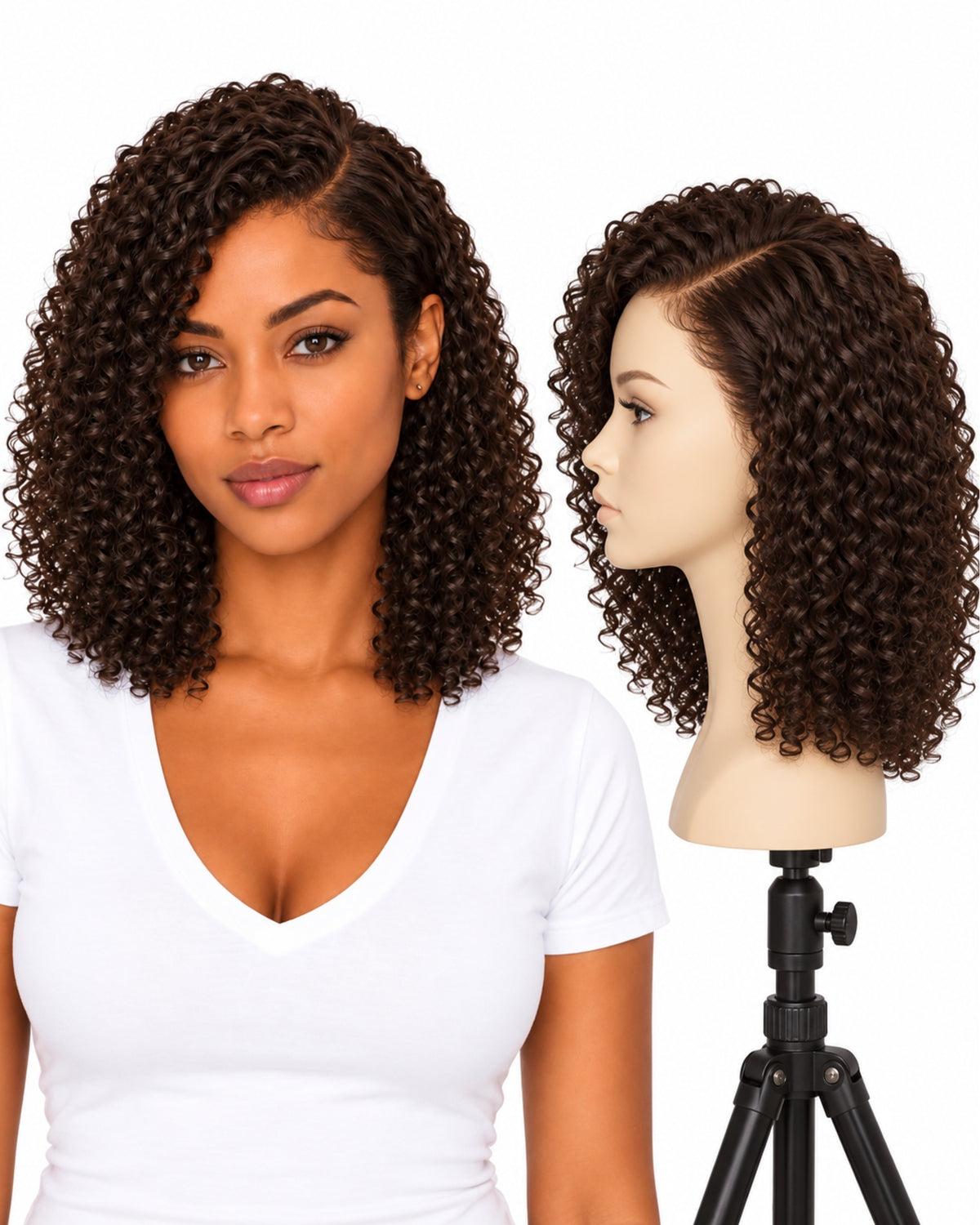 Natural brown curly transparent lace front human hair wig, 30 cm