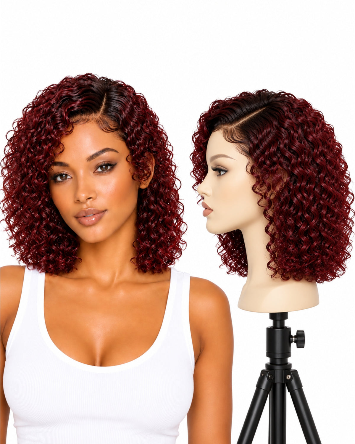 Red curly transparent lace front human hair wig, 30 cm