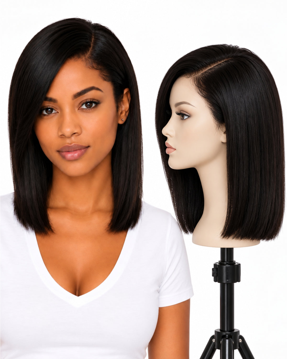 Black straight transparent lace front human hair wig, 30 cm