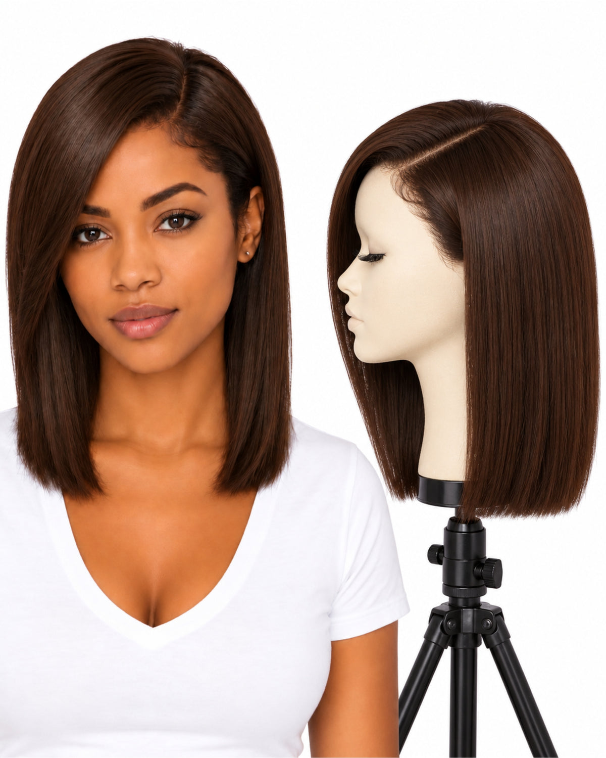 Natural brown straight transparent lace front human hair wig, 30 cm