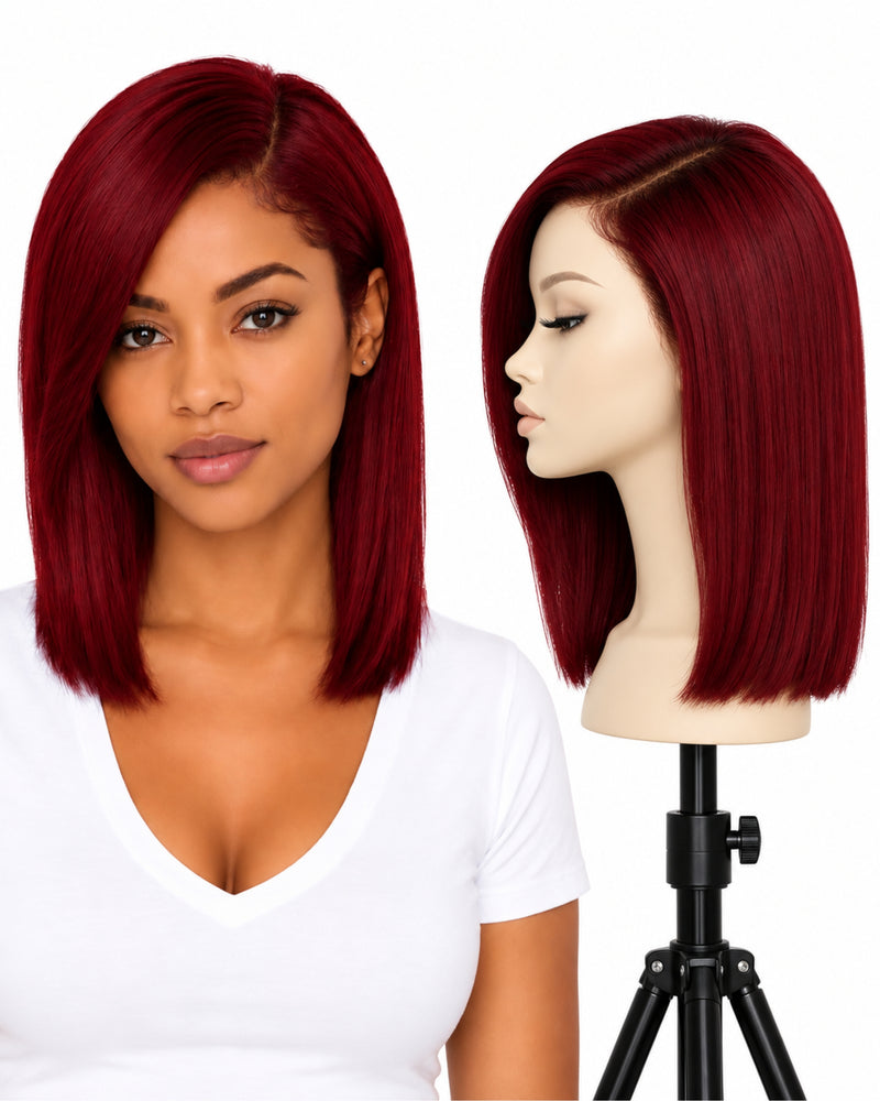 Red Straight Transparent Lace Front Human Hair Wig — 30 cm