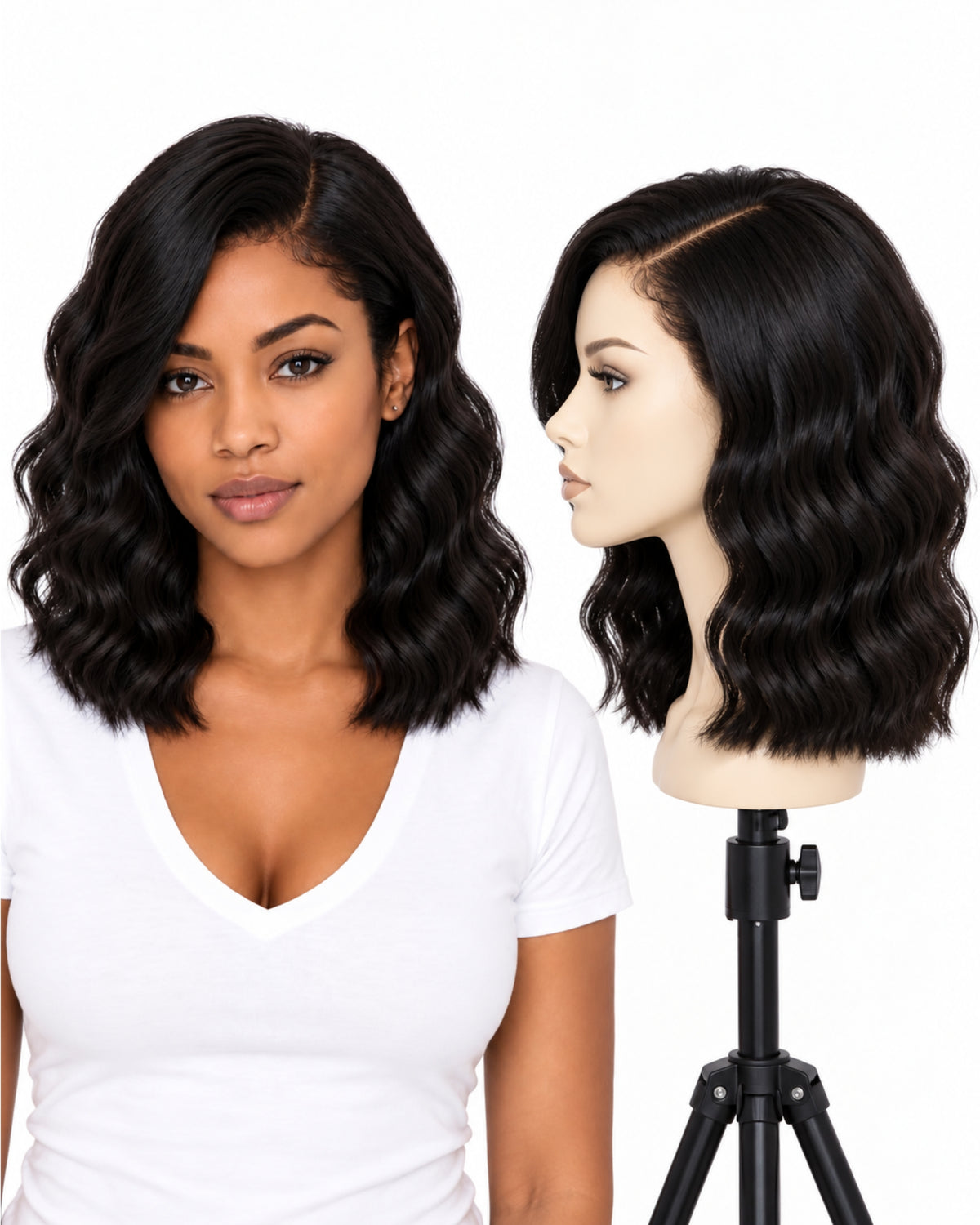 Black wavy transparent lace front human hair wig, 30 cm