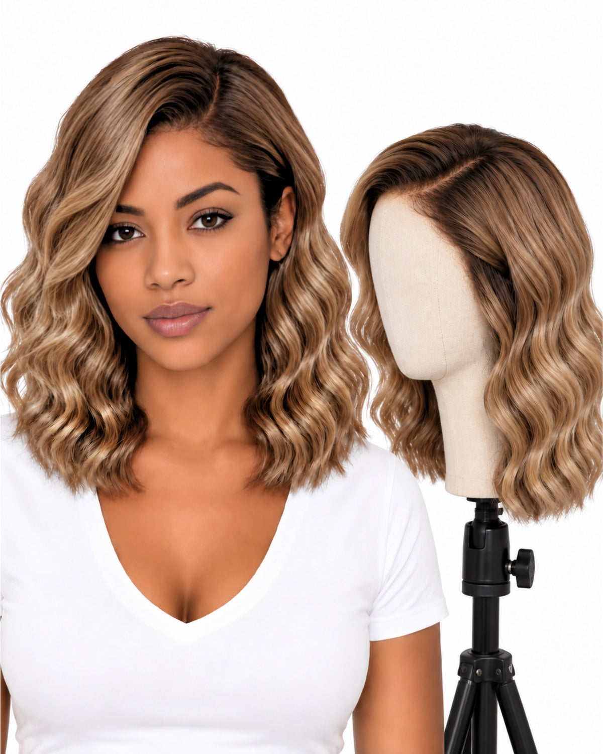 Blonde wavy transparent lace front human hair wig, 30 cm