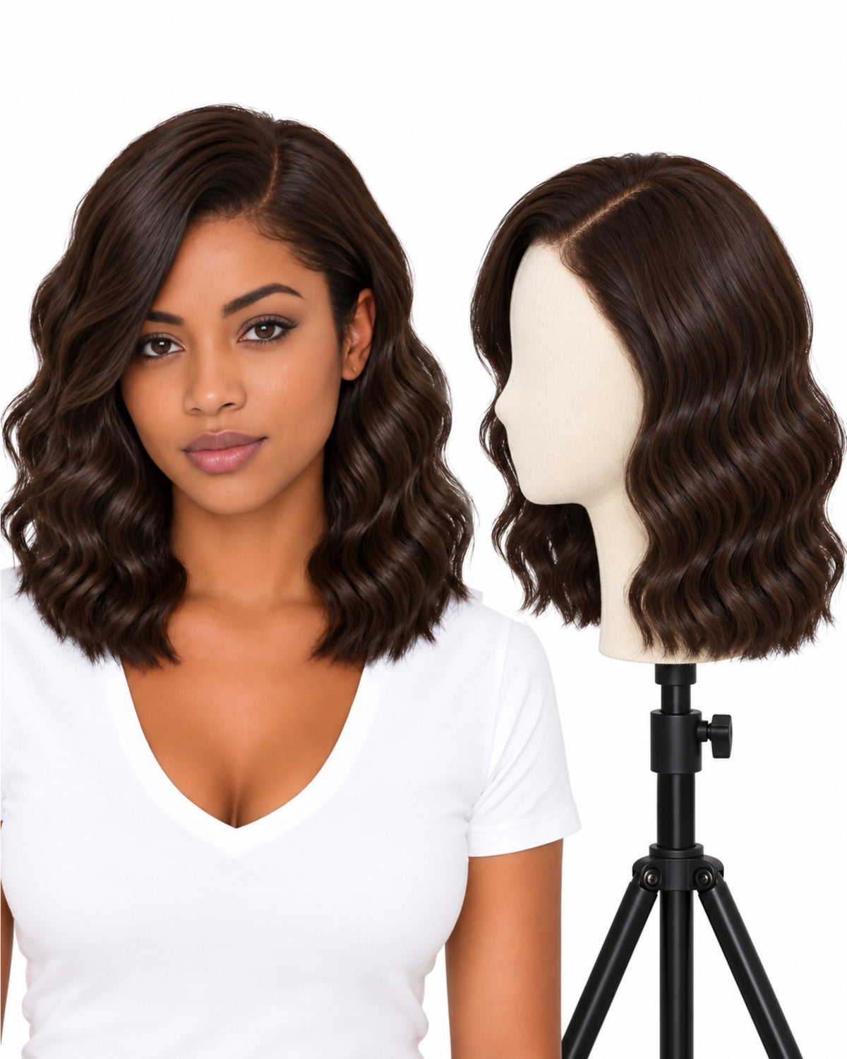 Natural brown wavy transparent lace front human hair wig, 30 cm