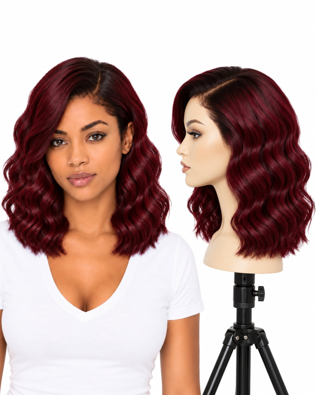 Red wavy transparent lace front human hair wig, 30 cm