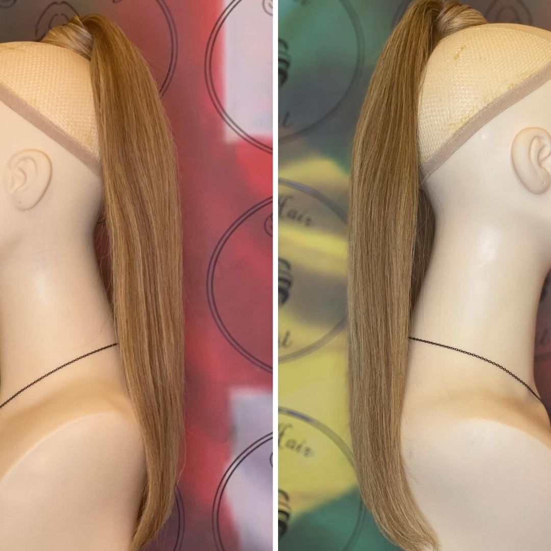 Human Hair Ponytail – Wrap-Around Method, Inner Comb and Velcro Finish Strap.