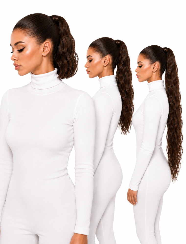 Human Hair Ponytail – Wrap-Around Method, Inner Comb and Velcro Finish Strap.