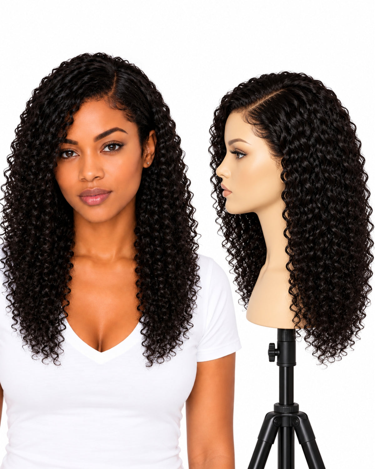 Black curly transparent lace front human hair wig, 40 cm