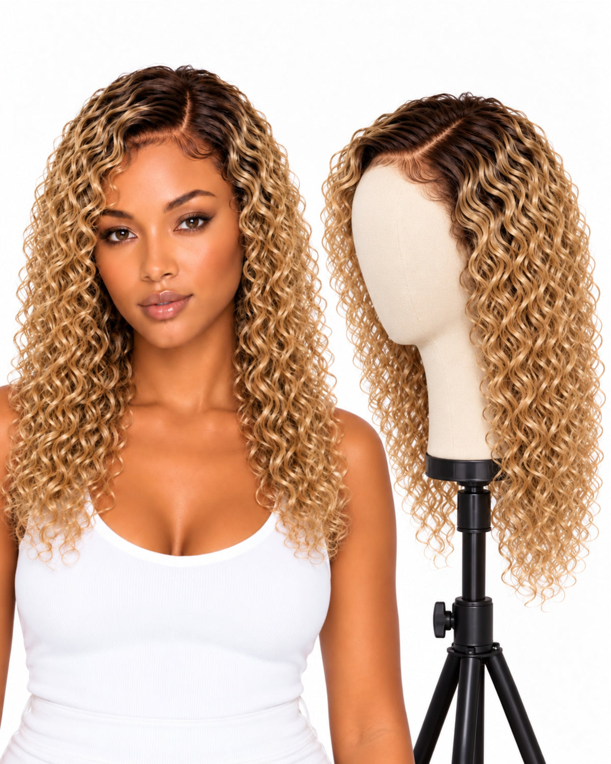 Blonde curly transparent lace front human hair wig, 40 cm