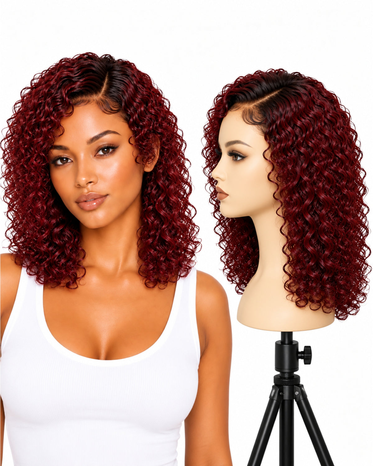 Red curly transparent lace front human hair wig, 40 cm