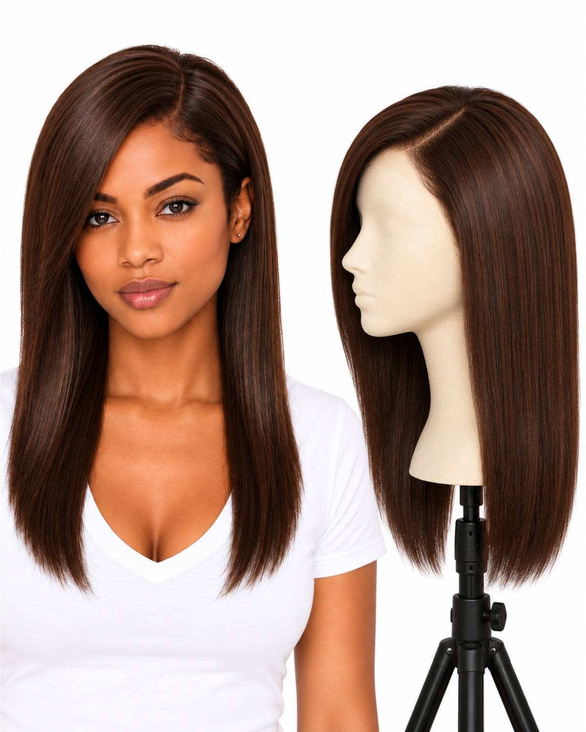 Natural brown straight transparent lace front human hair wig, 40 cm