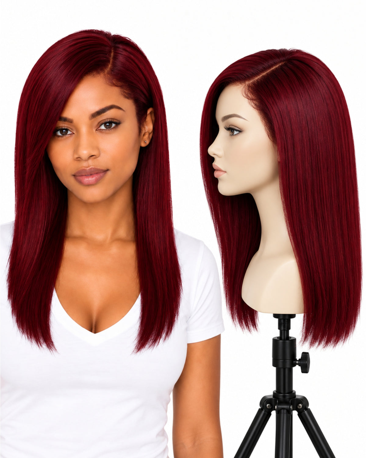 Red straight transparent lace front human hair wig, 40 cm