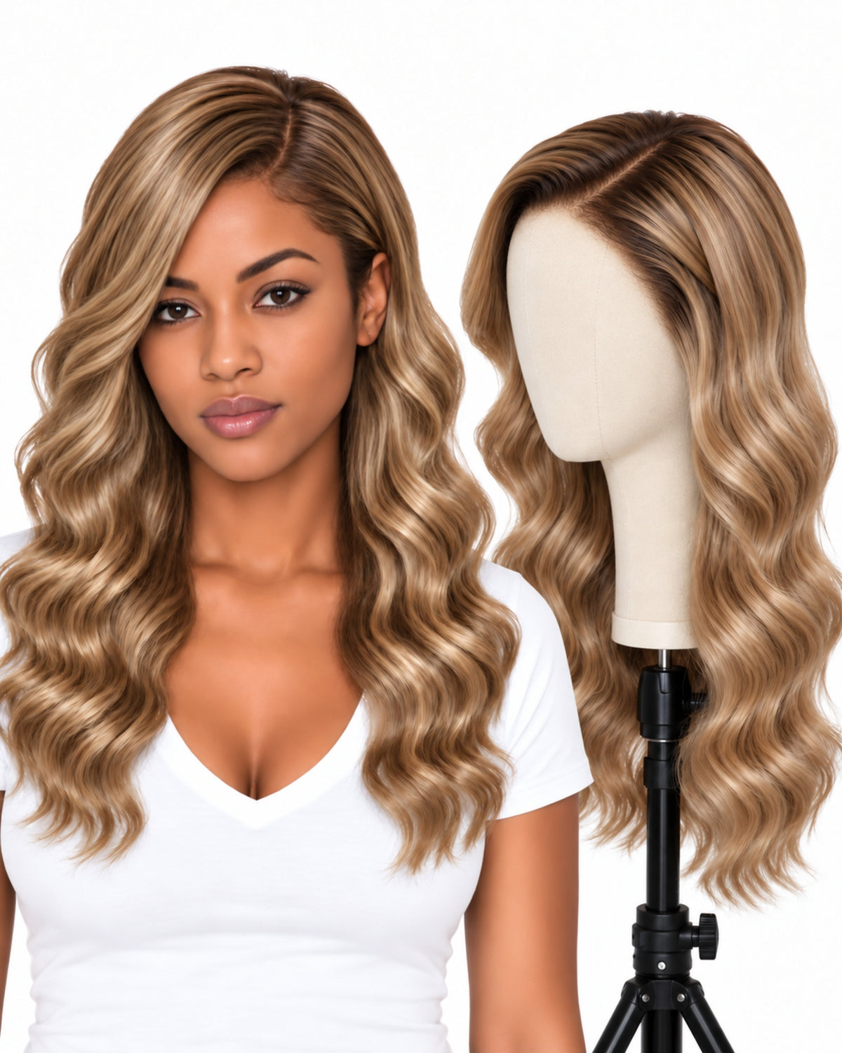 Blonde wavy transparent lace front human hair wig, 40 cm