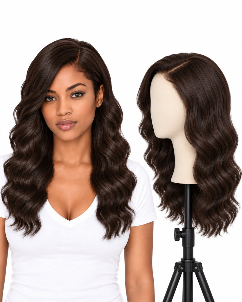 Natural Brown Wavy Transparent Lace Front Human Hair Wig — 40 cm