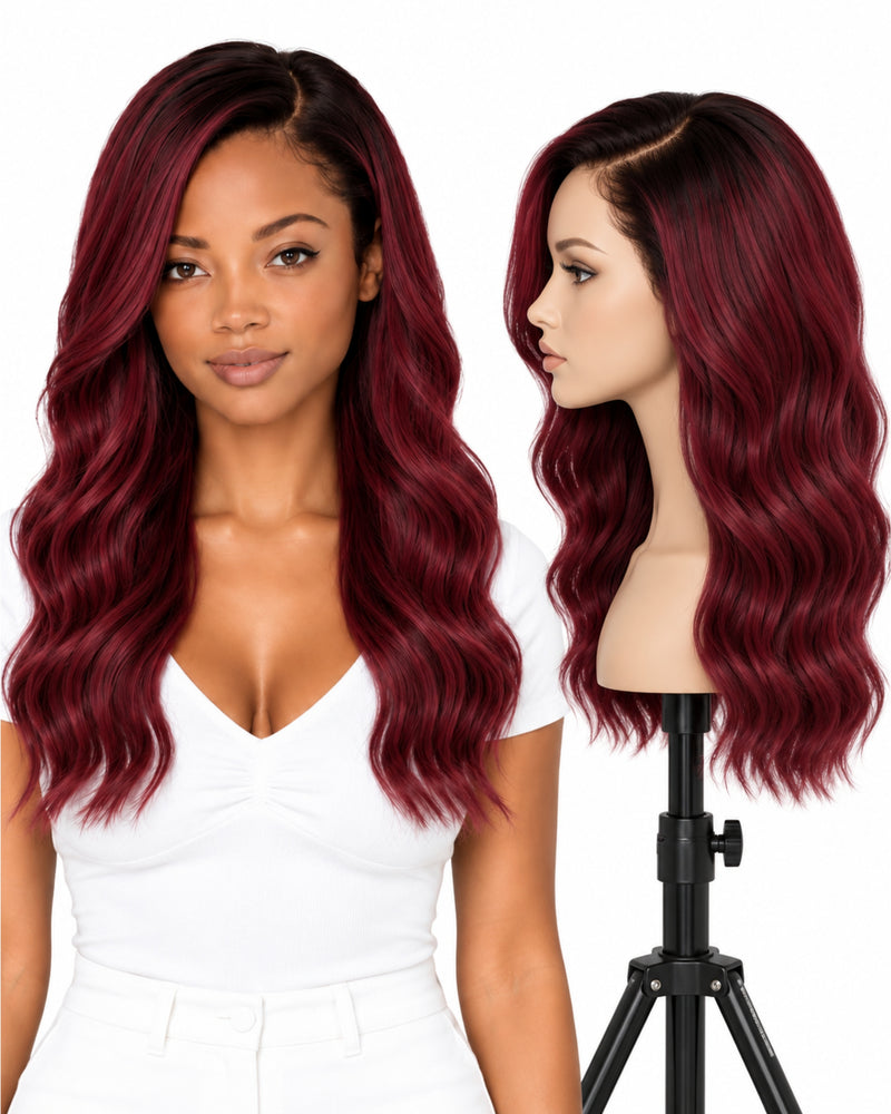 Red Wavy Transparent Lace Front Human Hair Wig — 40 cm