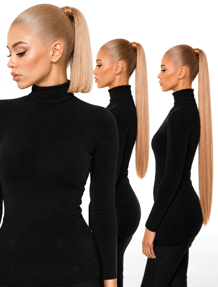 Human Hair Ponytail – Wrap-Around Method, Inner Comb and Velcro Finish Strap.