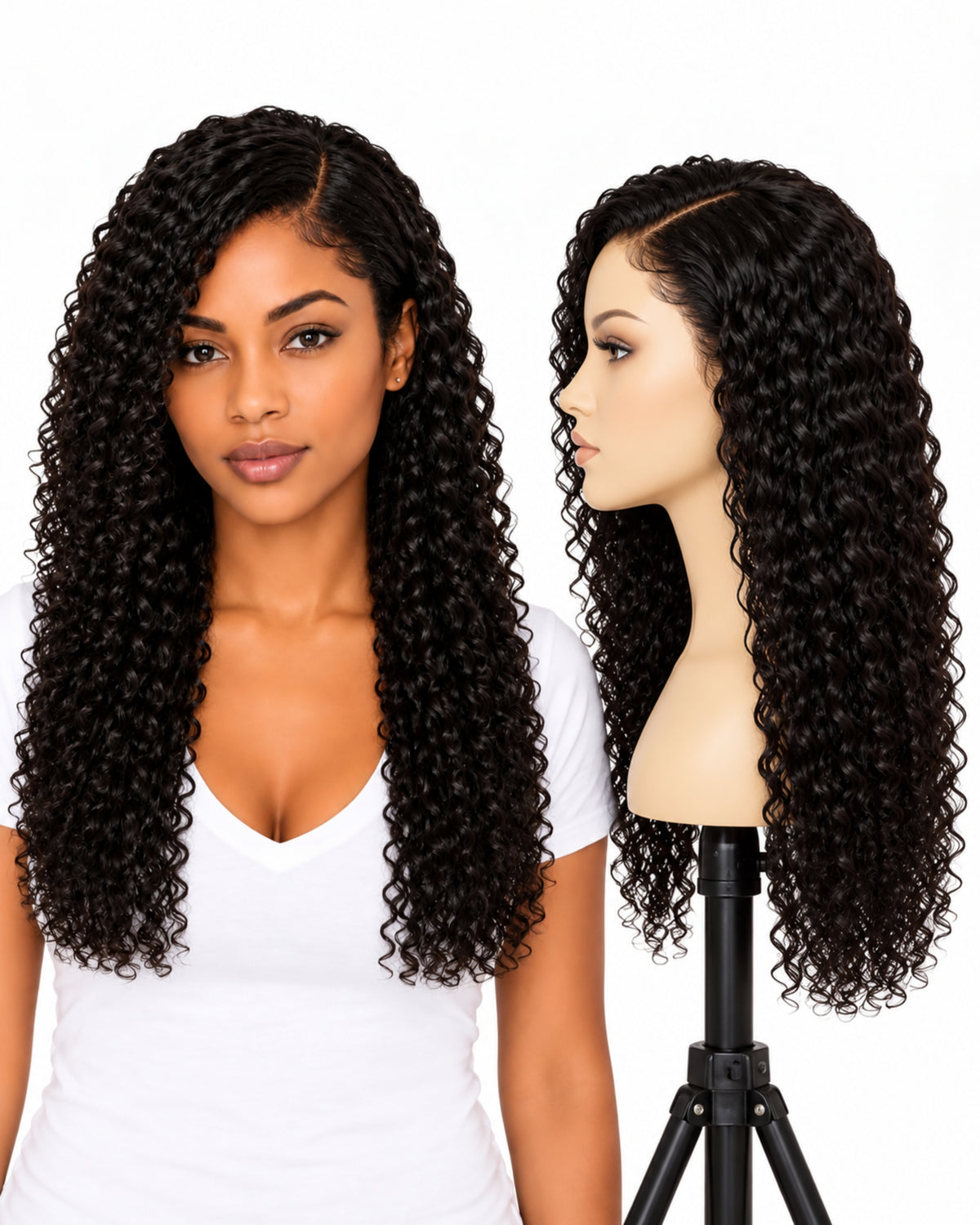 Black curly transparent lace front human hair wig, 50 cm