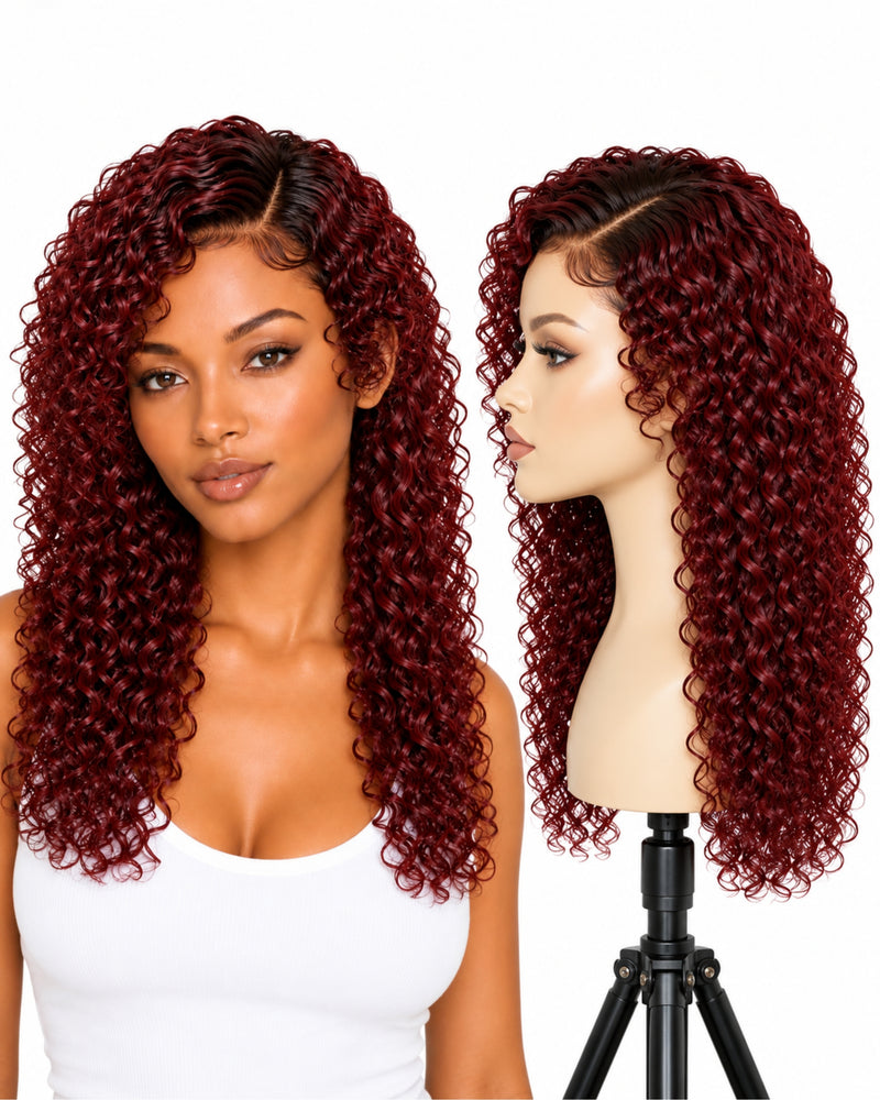 Red Curly Transparent Lace Front Human Hair Wig — 50 cm