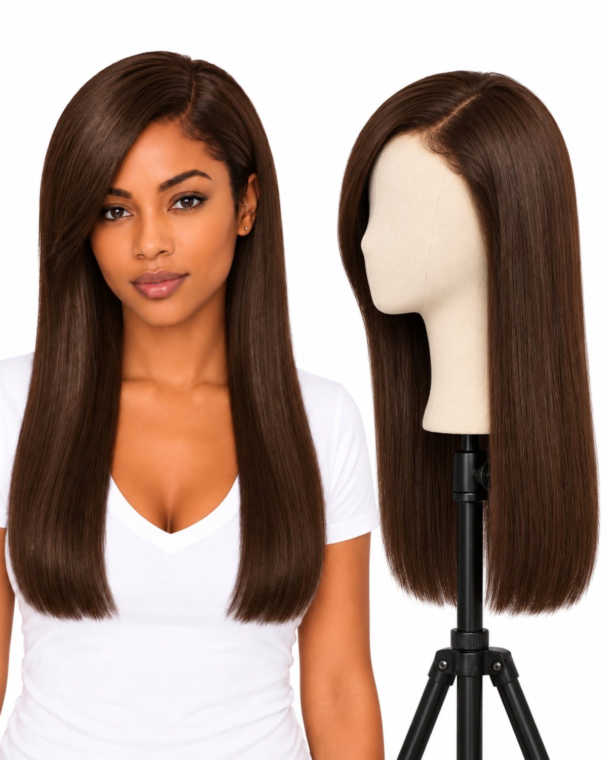 Natural brown straight transparent lace front human hair wig, 50 cm