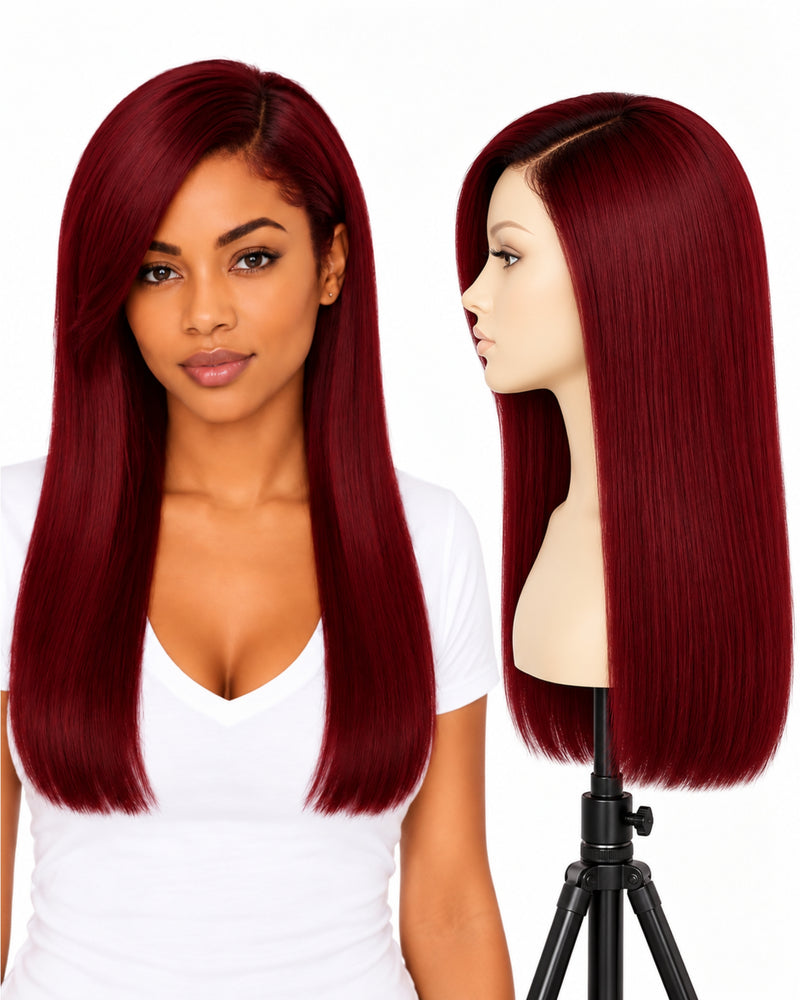 Red Straight Transparent Lace Front Human Hair Wig — 50 cm