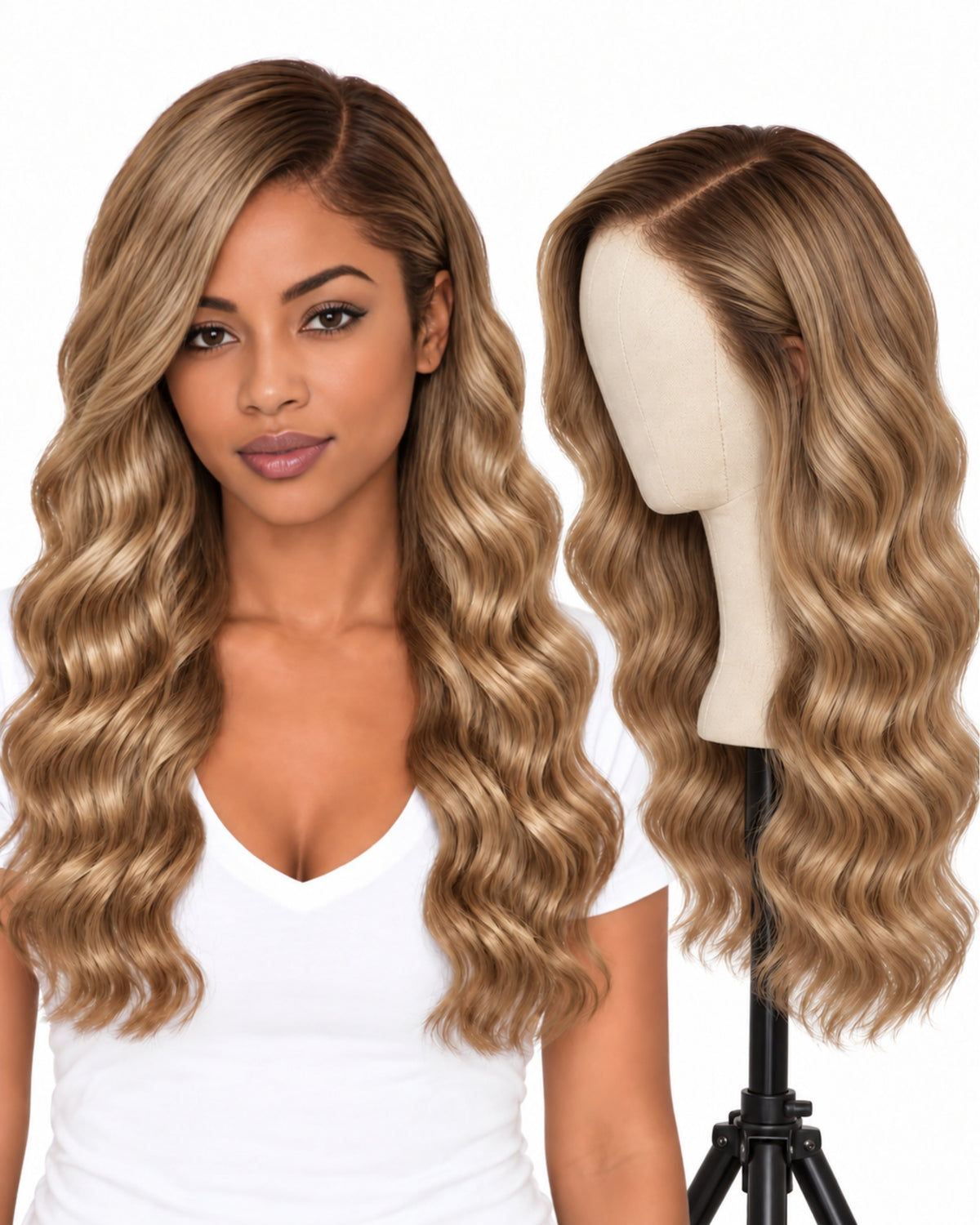 Blonde wavy transparent lace front human hair wig, 50 cm