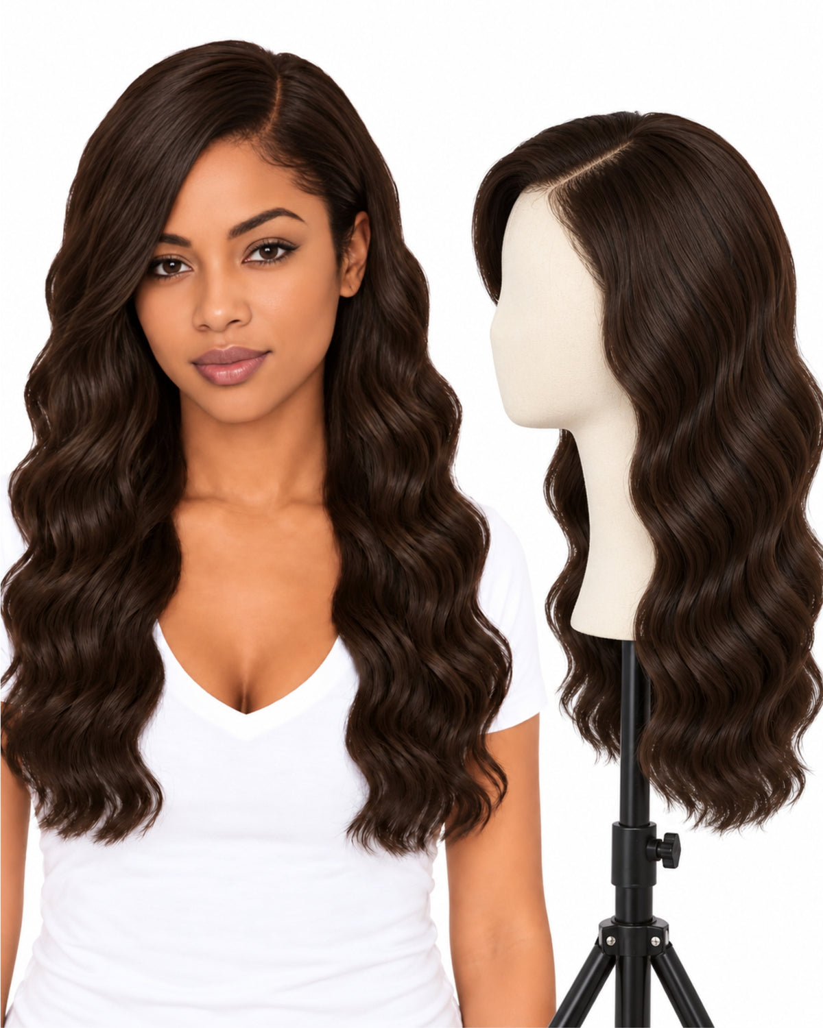 Natural brown wavy transparent lace front human hair wig, 50 cm