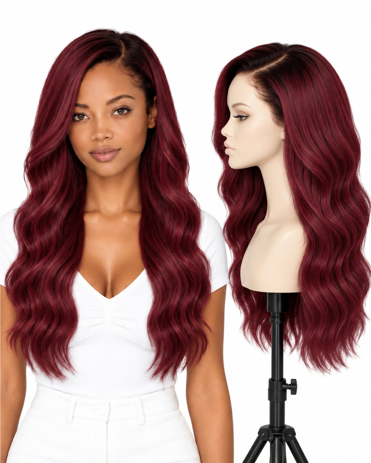 Red wavy transparent lace front human hair wig, 50 cm