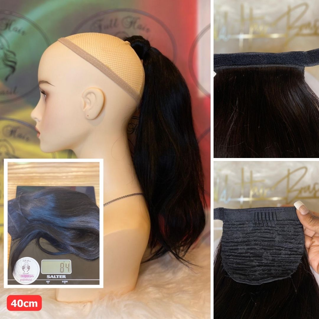 Human Hair Ponytail – Wrap-Around Method, Inner Comb and Velcro Finish Strap.