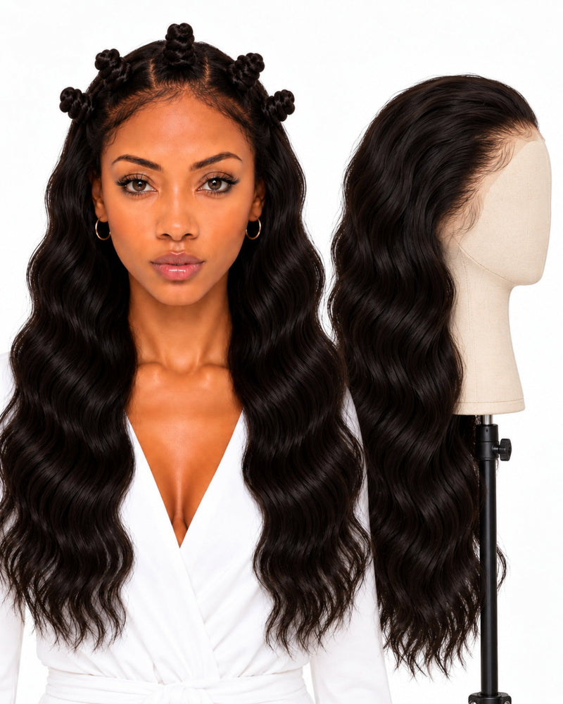 Natural Brown Wavy Full Lace Human Hair Wig — 60 cm / Natural
