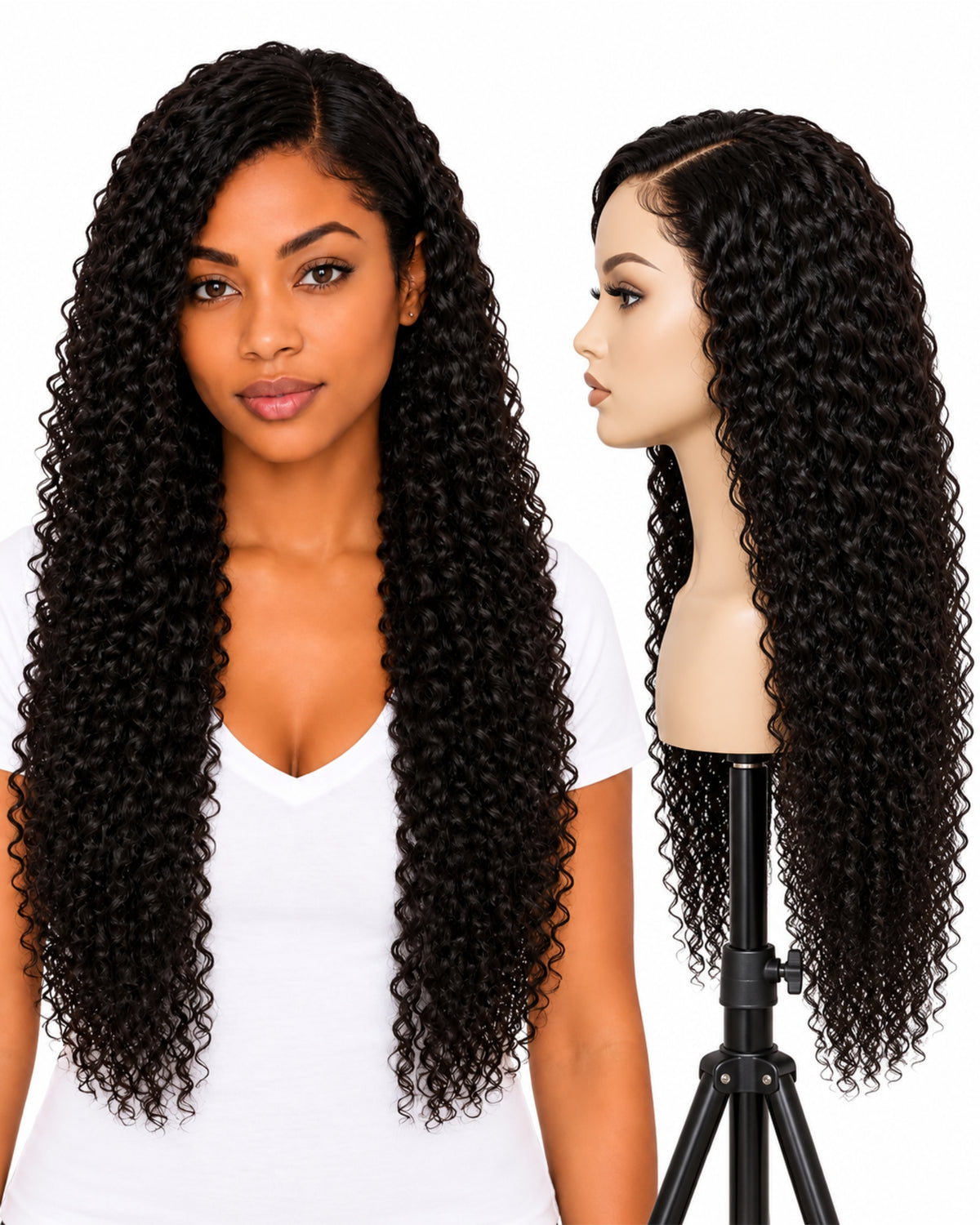 Black curly transparent lace front human hair wig, 60 cm