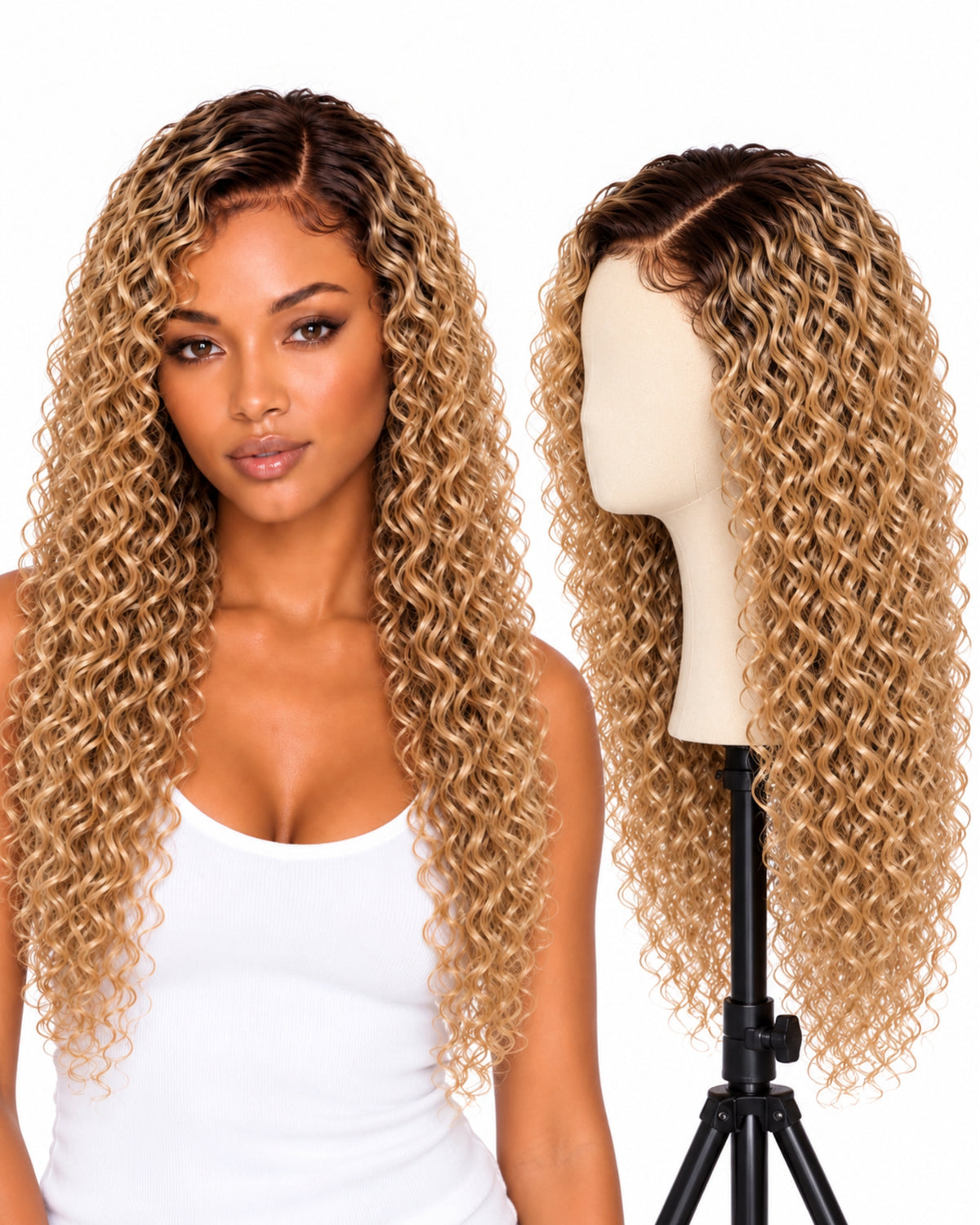 Blonde curly transparent lace front human hair wig, 60 cm