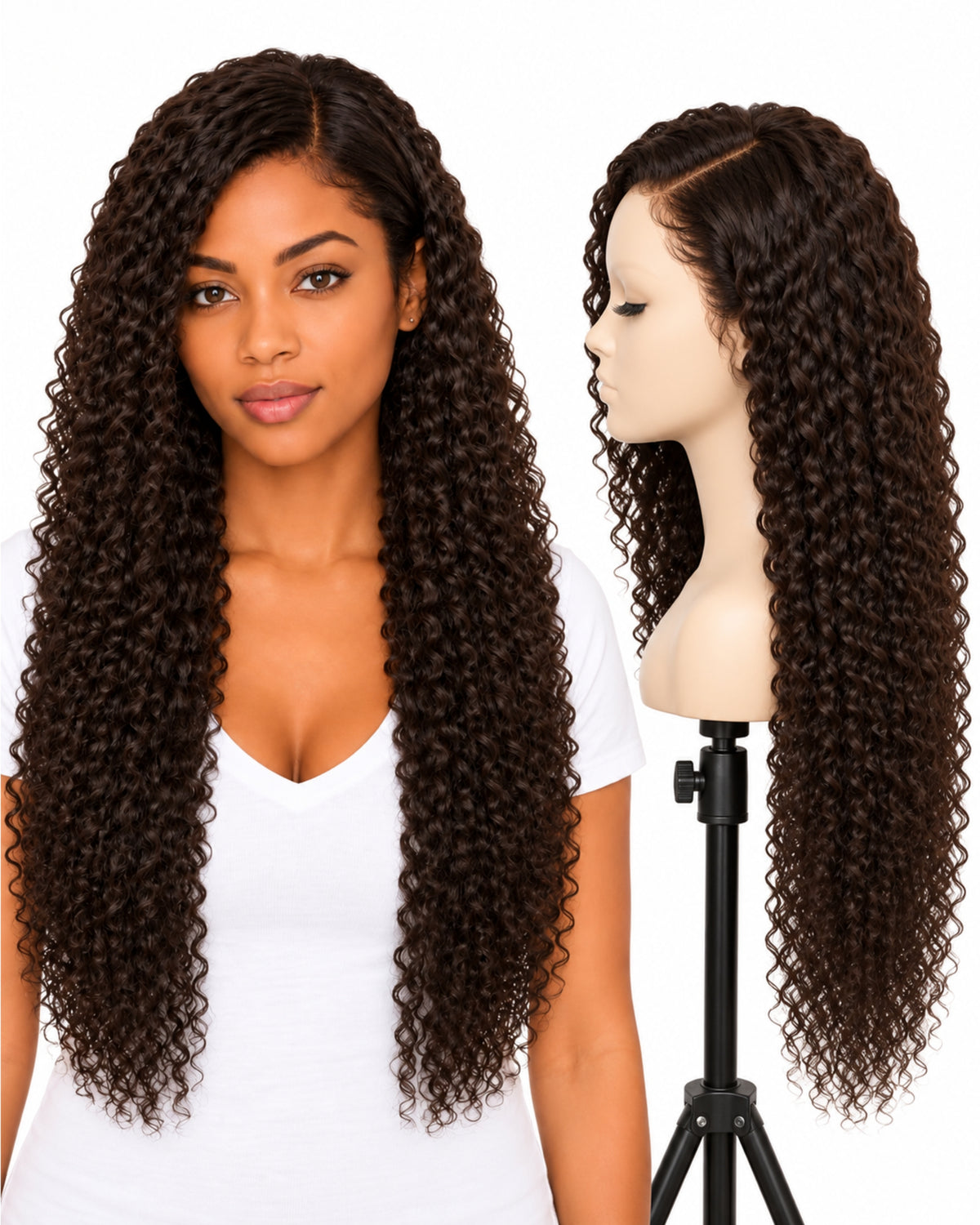 Natural brown curly transparent lace front human hair wig, 60 cm