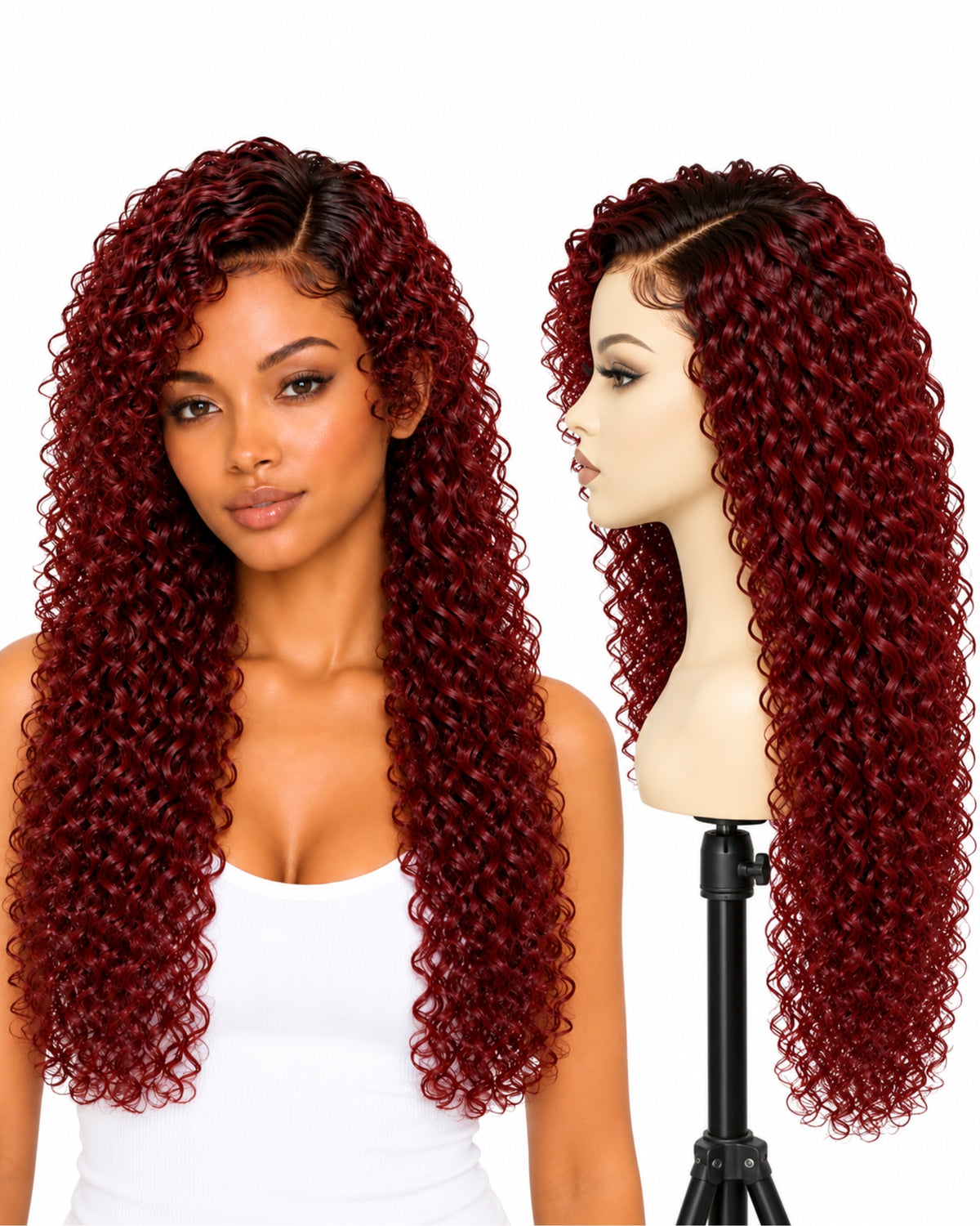 Red curly transparent lace front human hair wig, 60 cm