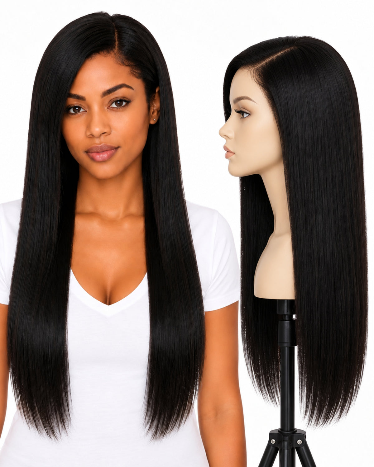 Black straight transparent lace front human hair wig, 60 cm