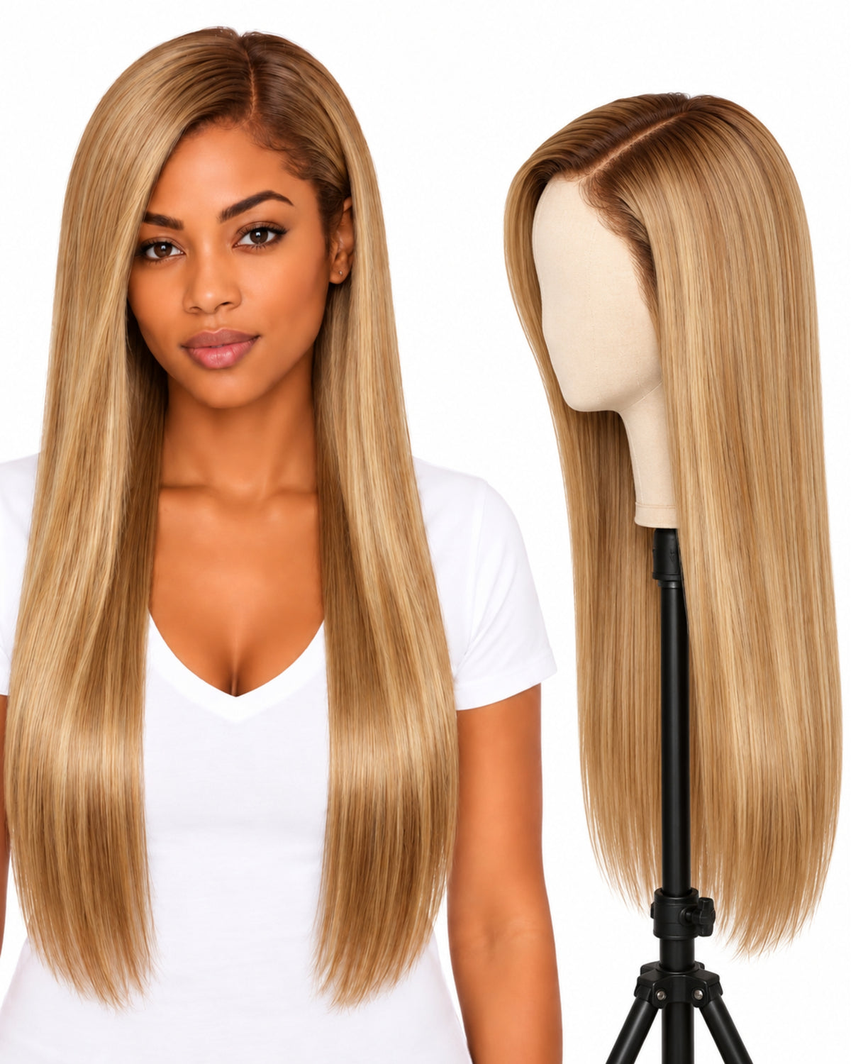 Blonde straight transparent lace front human hair wig, 60 cm