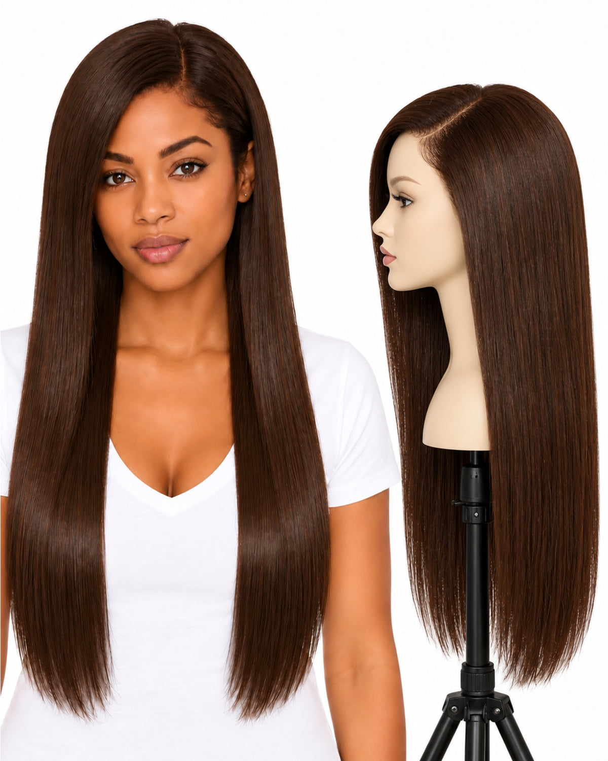 Natural brown straight transparent lace front human hair wig, 60 cm