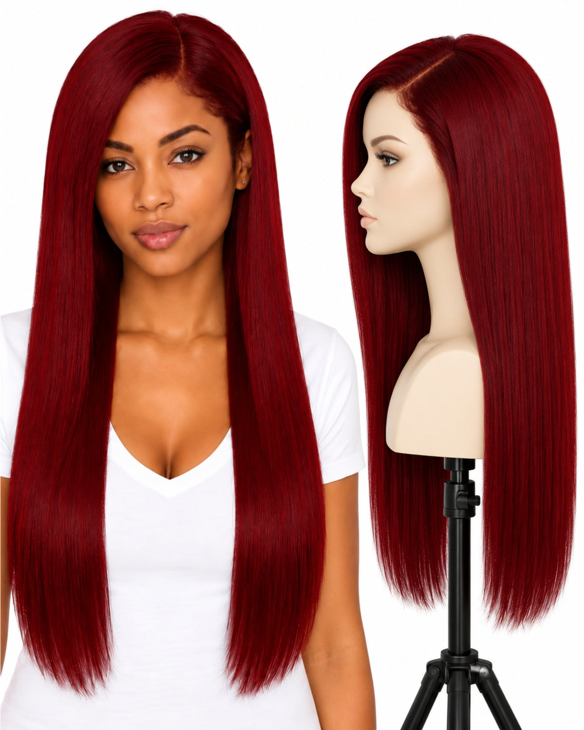 Red straight transparent lace front human hair wig, 60 cm