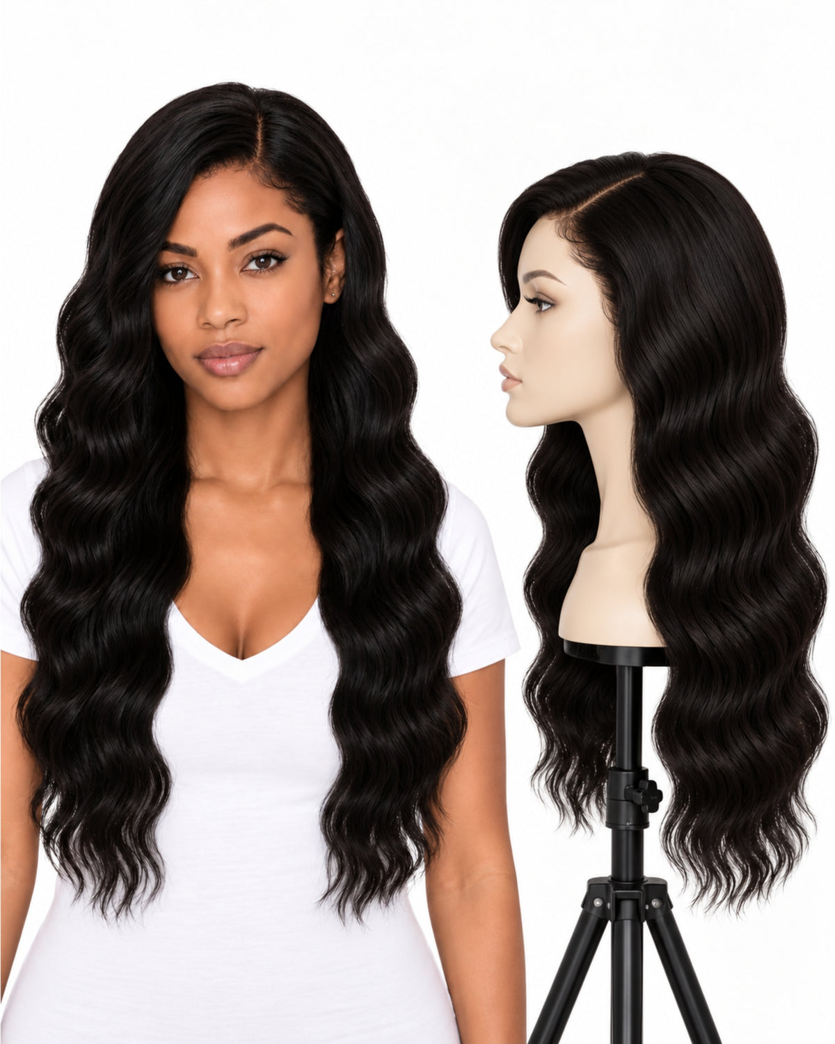 Black wavy transparent lace front human hair wig, 60 cm
