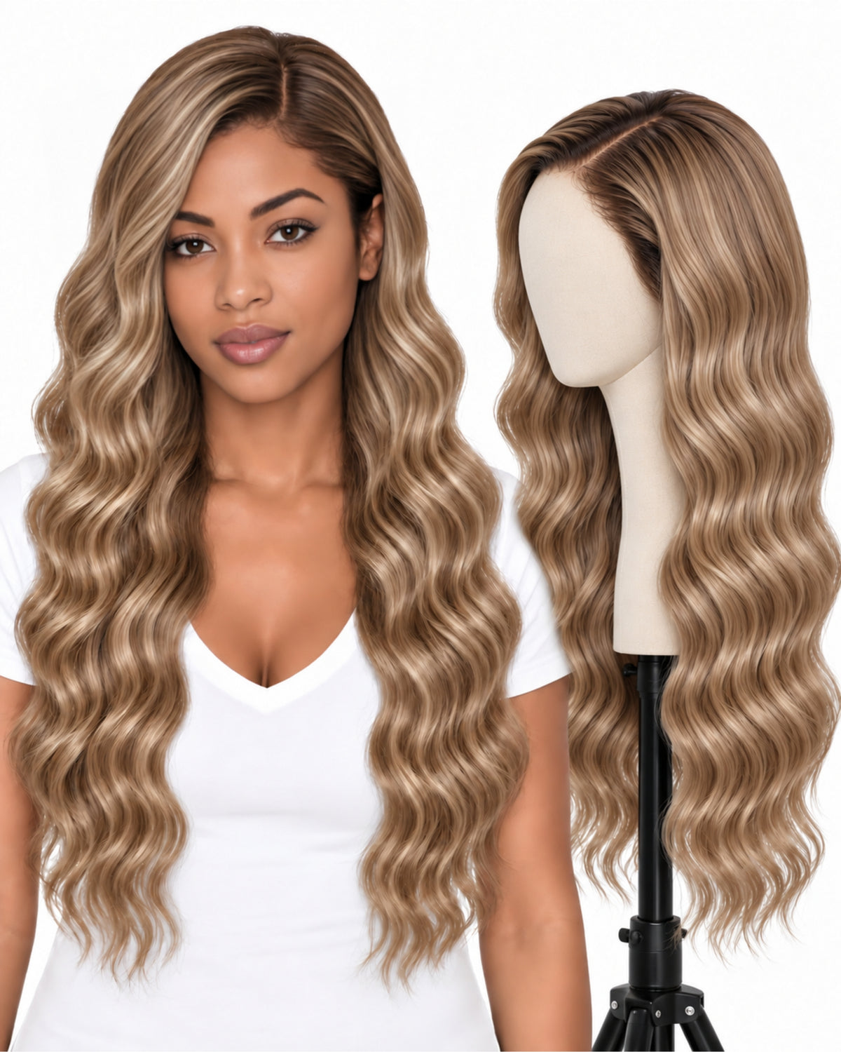 Blonde wavy transparent lace front human hair wig, 60 cm