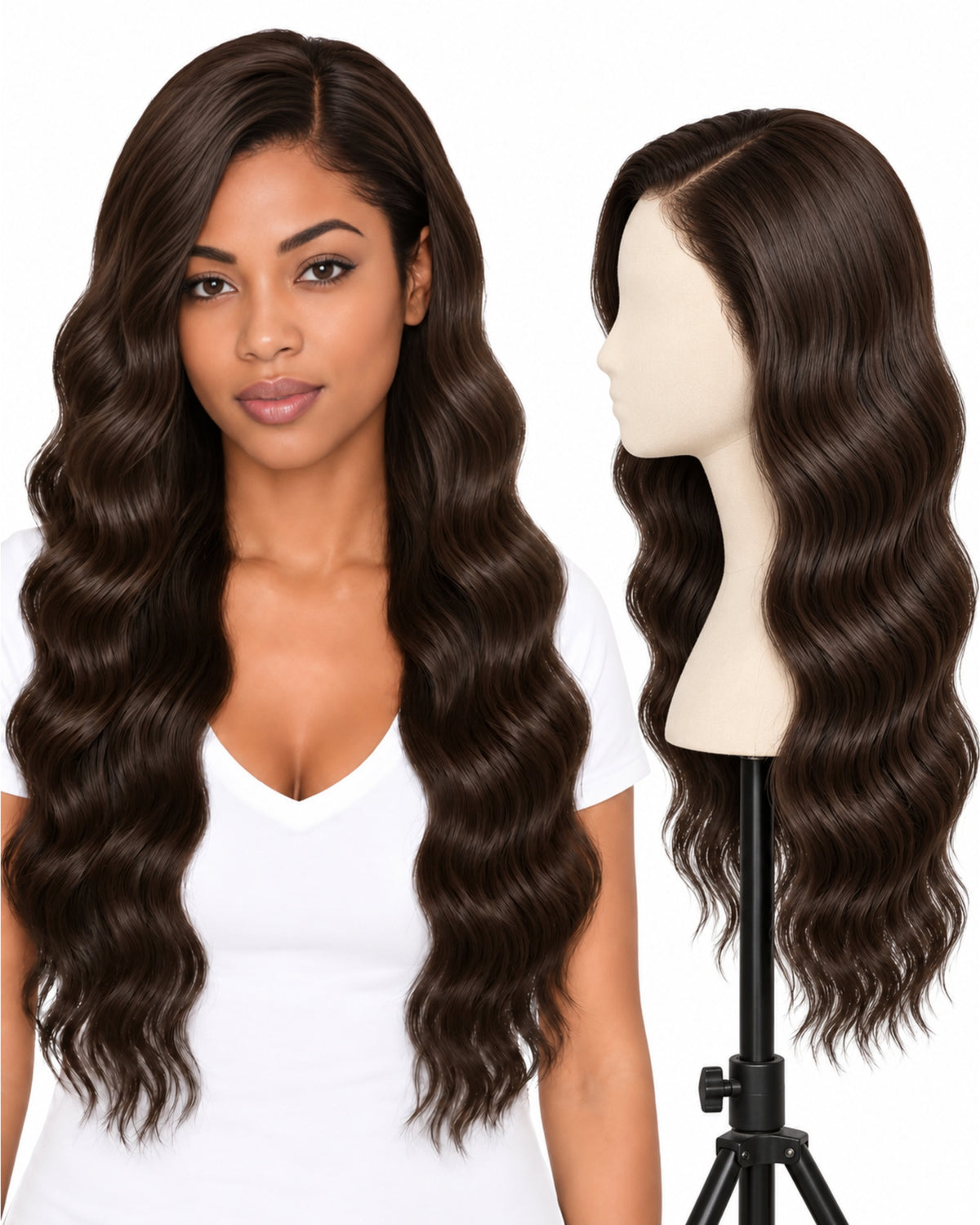 Natural brown wavy transparent lace front human hair wig, 60 cm