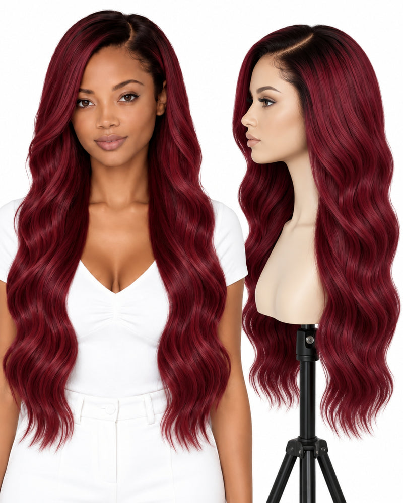 Red Wavy Transparent Lace Front Human Hair Wig — 60 cm