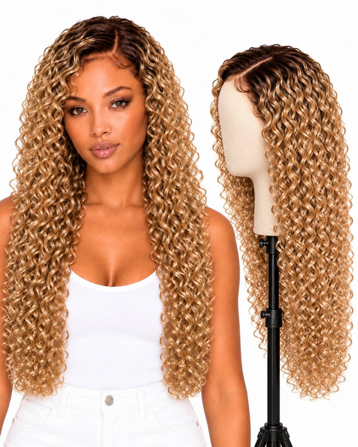 Blonde curly transparent lace front human hair wig, 70 cm