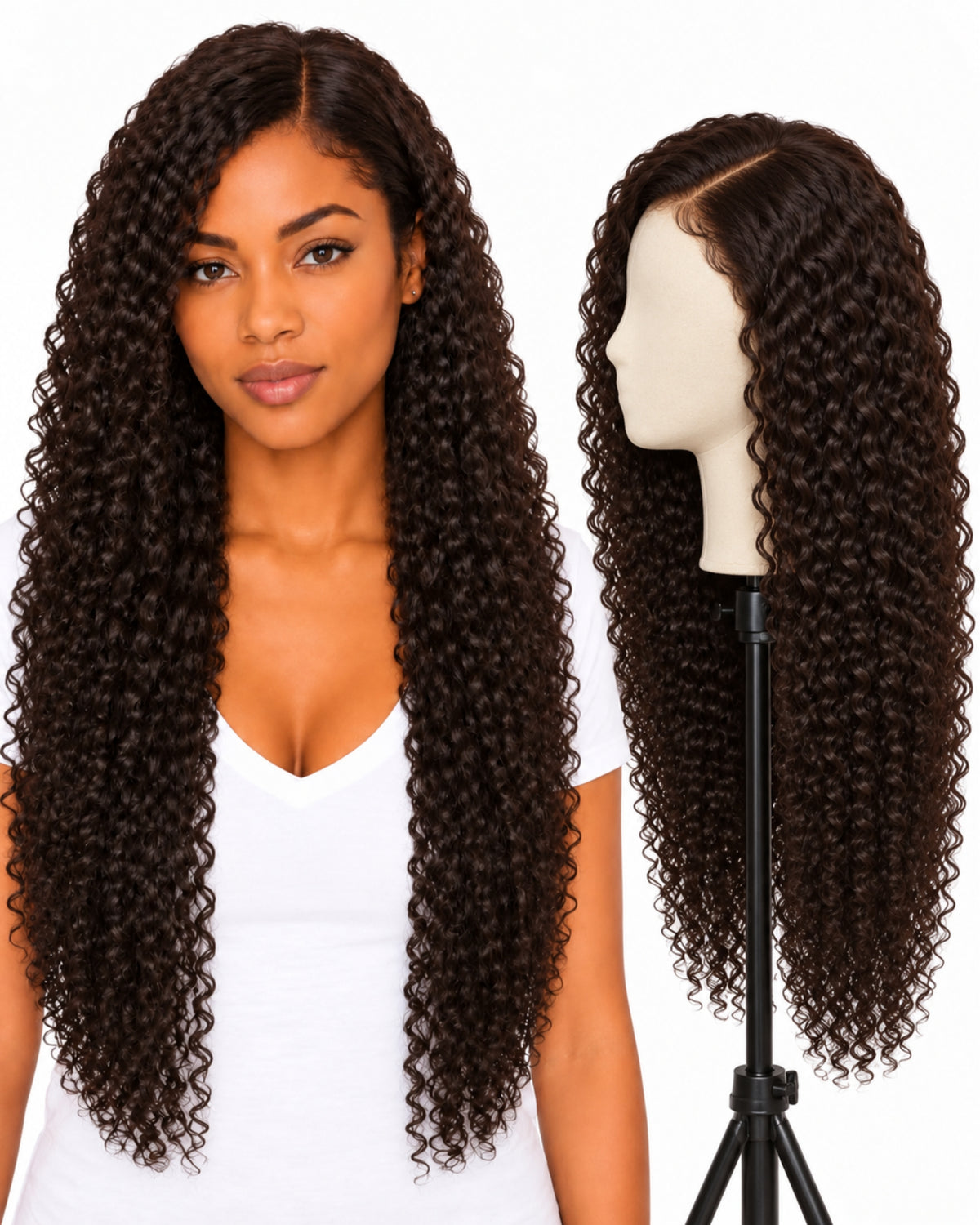 Natural brown curly transparent lace front human hair wig, 70 cm