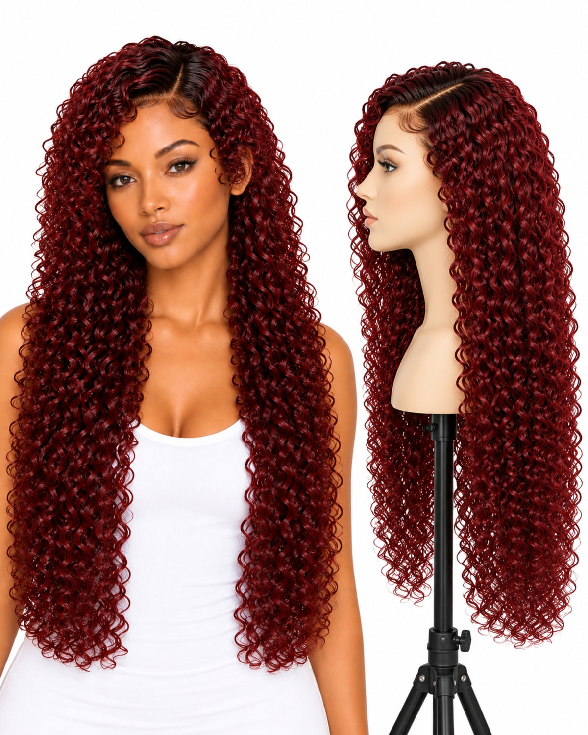 Red curly transparent lace front human hair wig, 70 cm