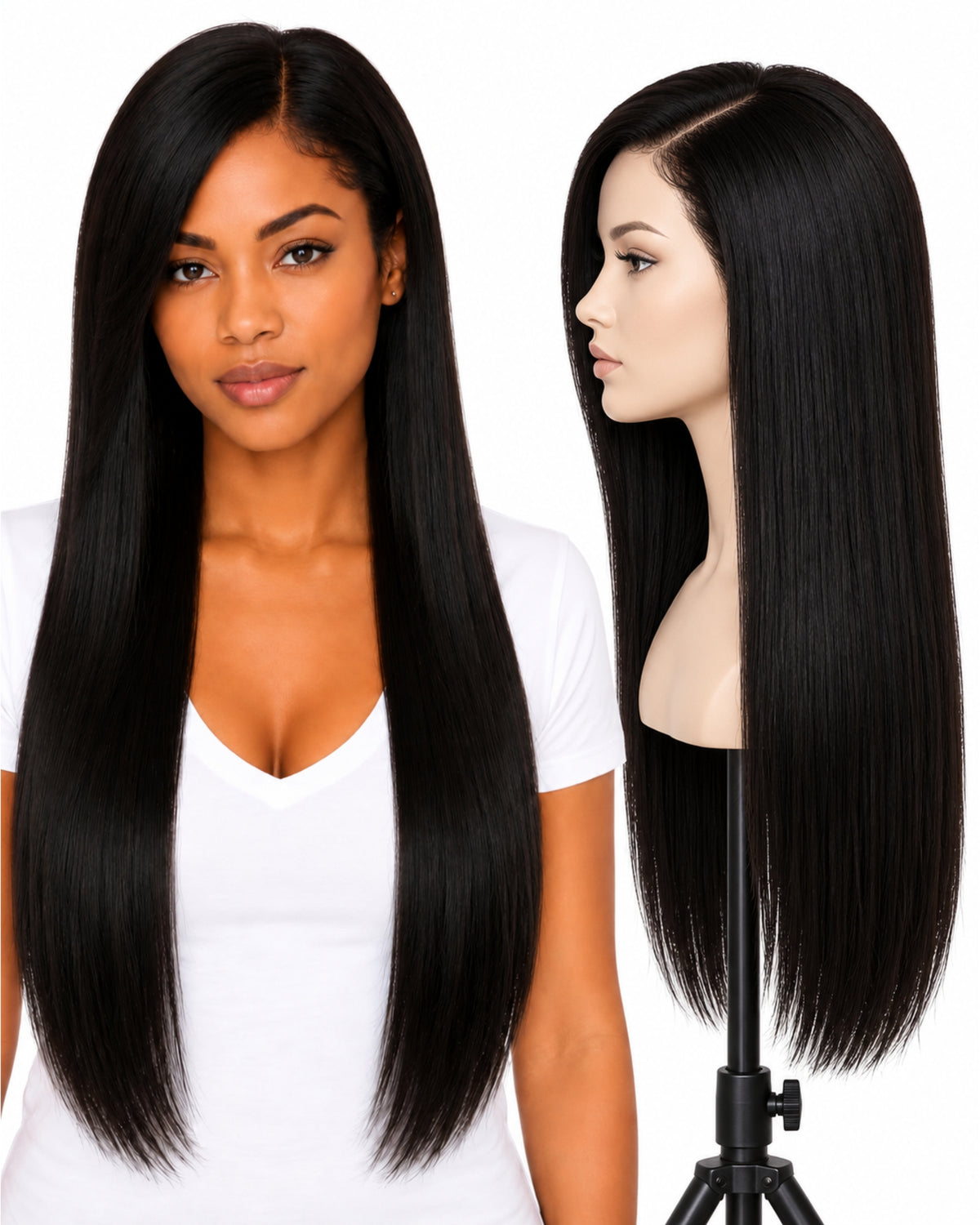 Black straight transparent lace front human hair wig, 70 cm