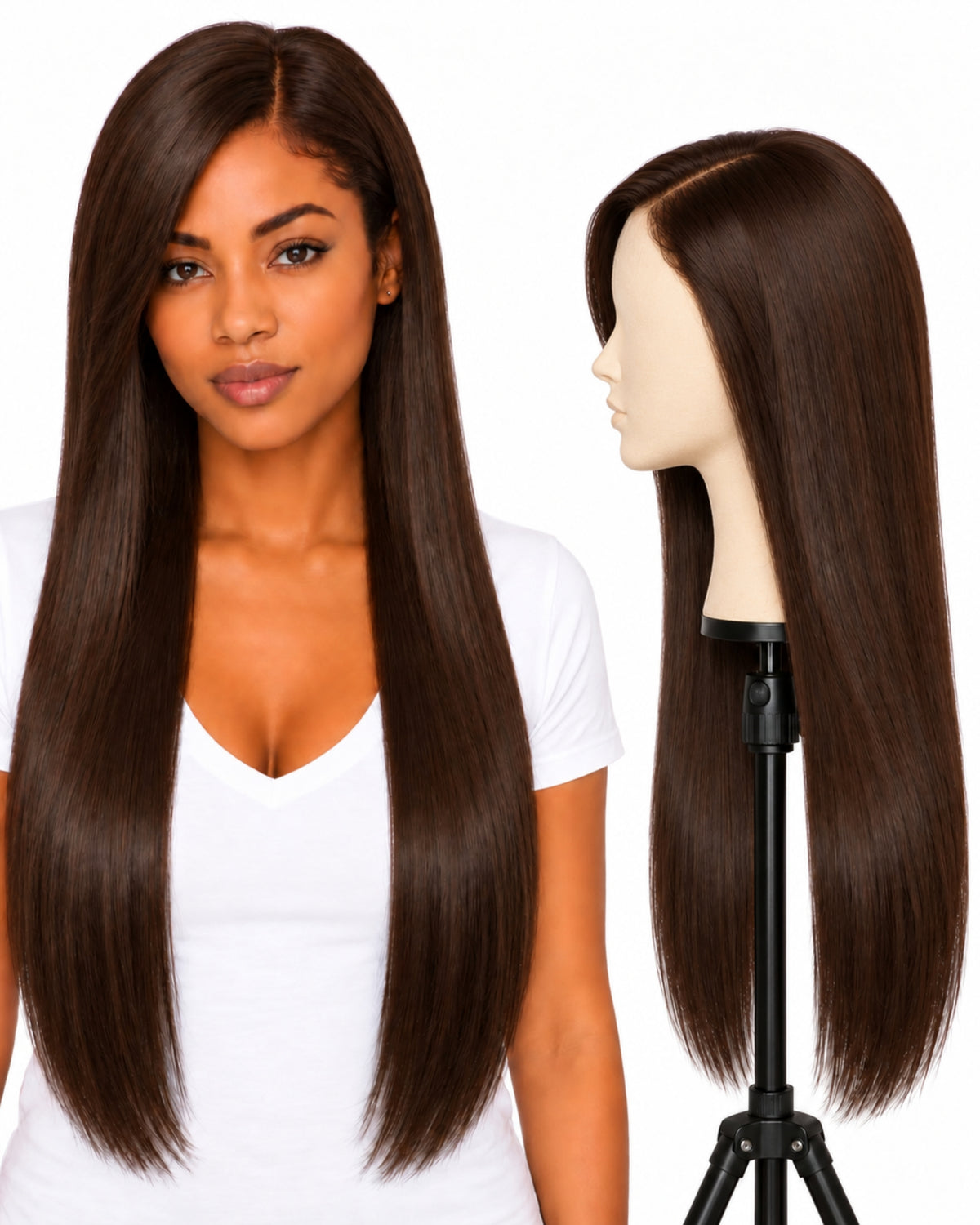 Natural brown straight transparent lace front human hair wig, 70 cm
