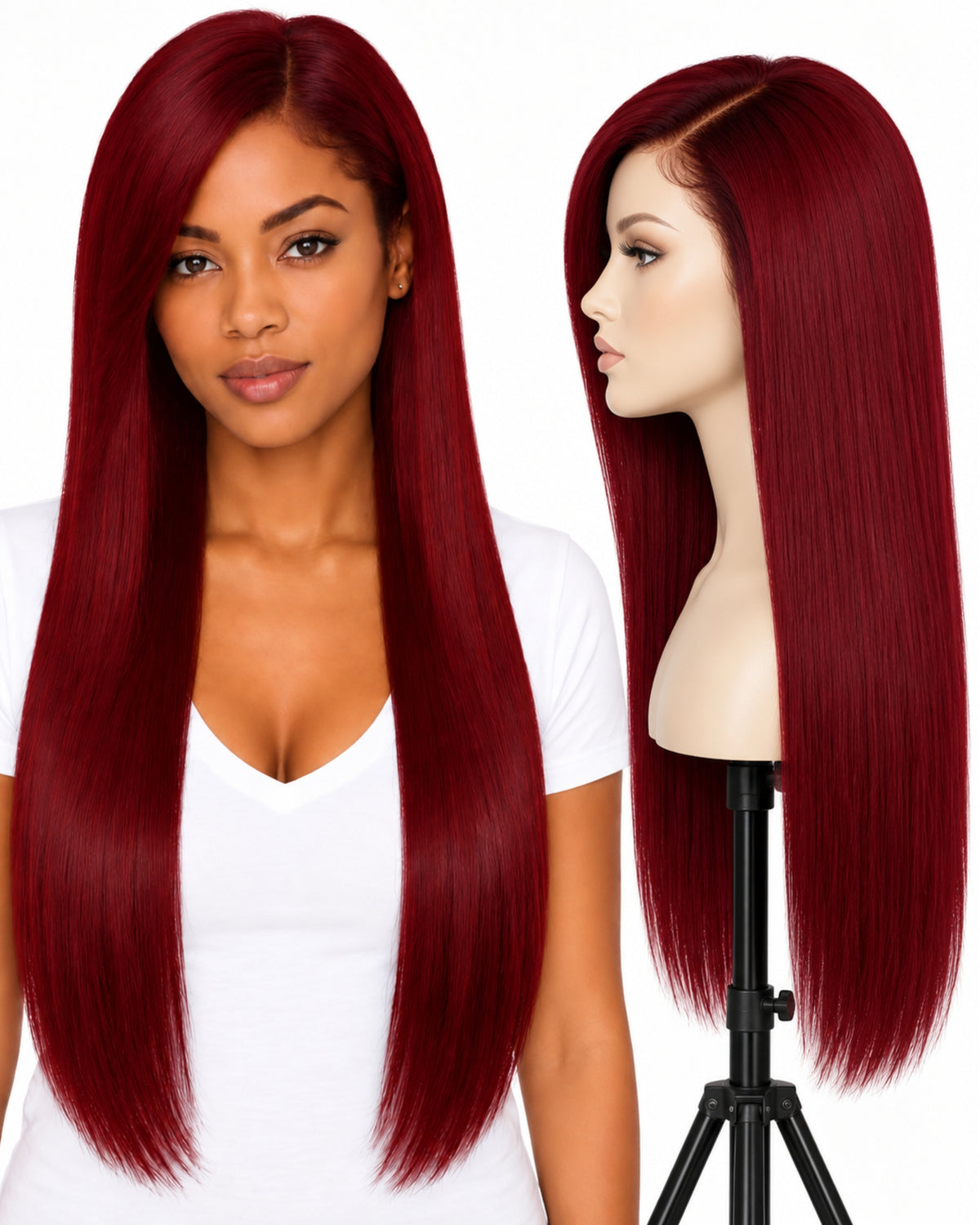 Red straight transparent lace front human hair wig, 70 cm